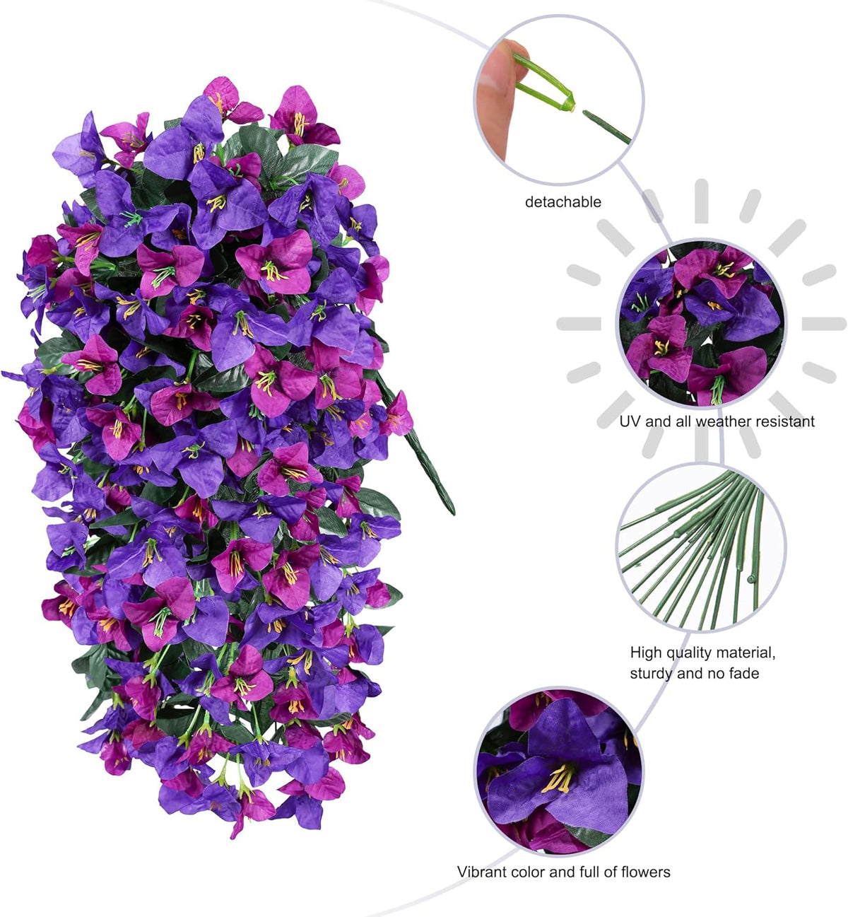 HyeFlora Bougainvillea Artificial Hanging Flowers Plants for Outdoors Decoration, 2 Pcs Fake Flowers Silk Bougainvillea Vines Realistic UV Resistant Faux Flowers for Outdoor Planters Porch Patio, Mix