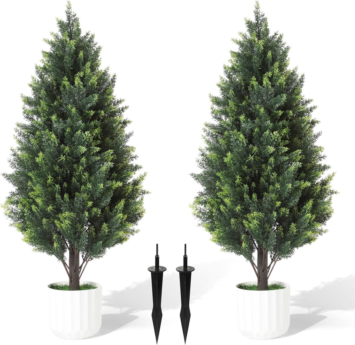 3FT Artificial Cedar Topiary Trees Set of 2 Detachable Planter & Spike, UV Resistant Faux Plants Outdoor and Indoor, Realistic Fake Bushes Pine Tree for Front Porch Decor