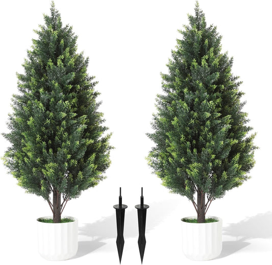 3FT Artificial Cedar Topiary Trees Set of 2 Detachable Planter & Spike, UV Resistant Faux Plants Outdoor and Indoor, Realistic Fake Bushes Pine Tree for Front Porch Decor
