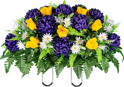 Sympathy Silks Artificial Cemetery Flowers – Realistic Vibrant Roses, Outdoor Grave Decorations - Non-Bleed Colors, and Easy Fit - 1 Purple Mum and Yellow Rose Saddle for Headstone