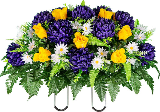 Sympathy Silks Artificial Cemetery Flowers – Realistic Vibrant Roses, Outdoor Grave Decorations - Non-Bleed Colors, and Easy Fit - 1 Purple Mum and Yellow Rose Saddle for Headstone