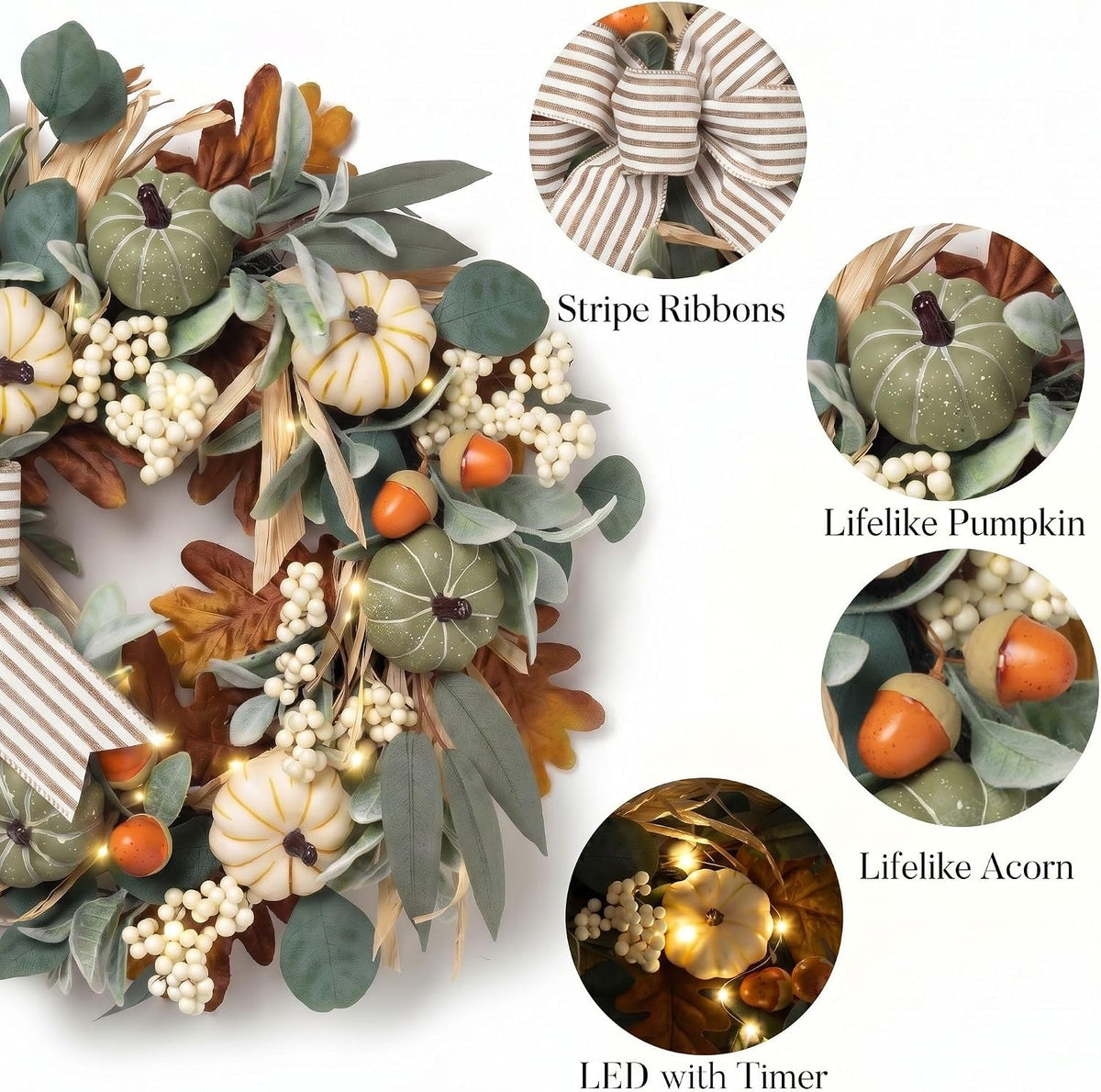20'' Fall Wreath for Front Door with 20 LED Lights, Pumpkins and Burlap Bow