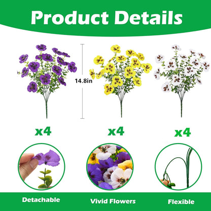 Artificial Pansies Flowers for Outdoors, 12 Pcs Faux Silk Pansy Flower UV Resistant Fake Plants for Outside Planter Porch Yard Patio Home Decor, Yellow White Purple, 12