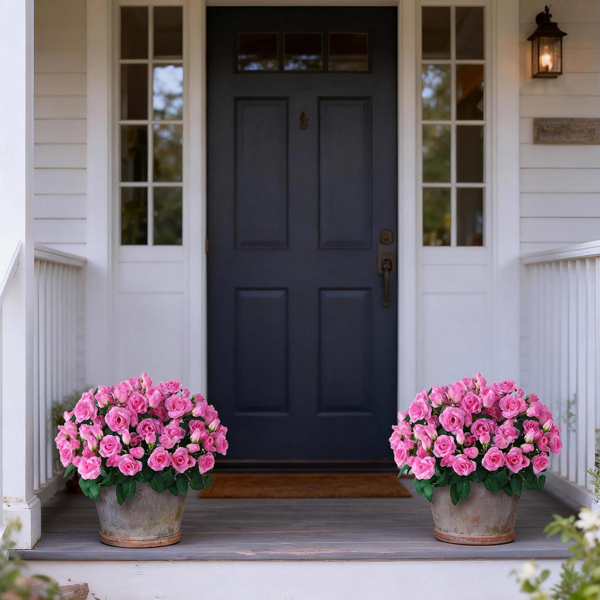 2 Set of Artificial Rose Topiary Trees - Faux Silk Flower Potted Plant, UV Resistant Fake Outdoor Rose Bush for Front Door, Farmhouse, Porch, Garden Decor (Pink)