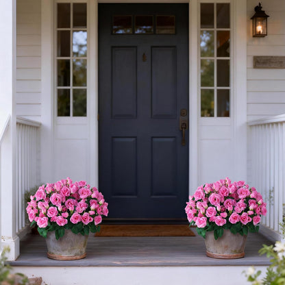 2 Set of Artificial Rose Topiary Trees - Faux Silk Flower Potted Plant, UV Resistant Fake Outdoor Rose Bush for Front Door, Farmhouse, Porch, Garden Decor (Pink)