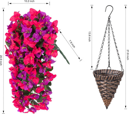 Artificial Bougainvillea Faux Flowers Plants Baskets for Outdoor Outside Decoration, 3PCS Fake Silk Flowers Long Trailing Vines UV Resistant Realistic for Front Door Porch Patio (PurpleHotpink)