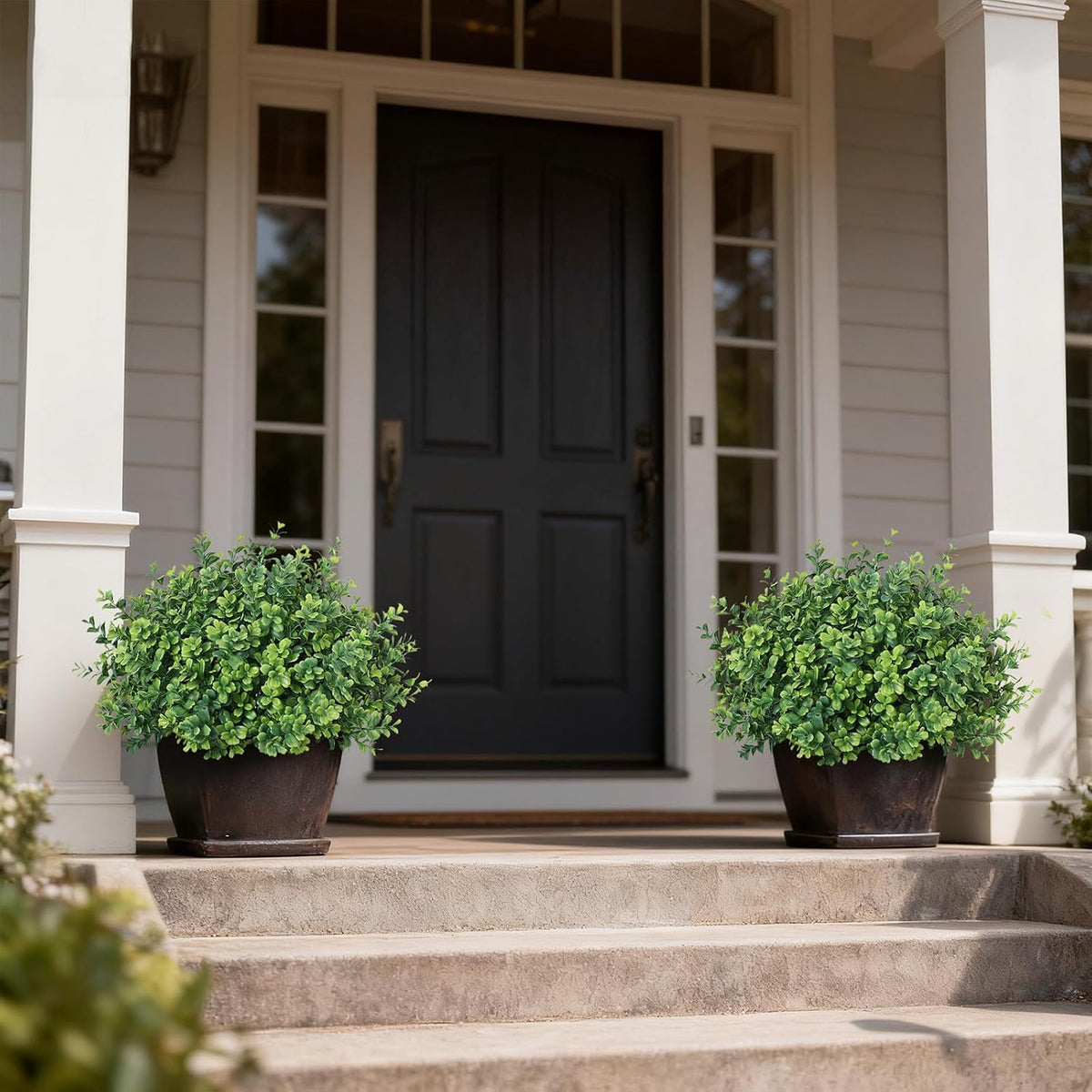 Set of 2 Artificial Boxwood Topiary Trees for Front Door - Faux Realistic Greenery Potted Plants, Fake Outdoor UV-Resistant Bushes with Pots for Porch, Farmhouse, Home, Garden Decor