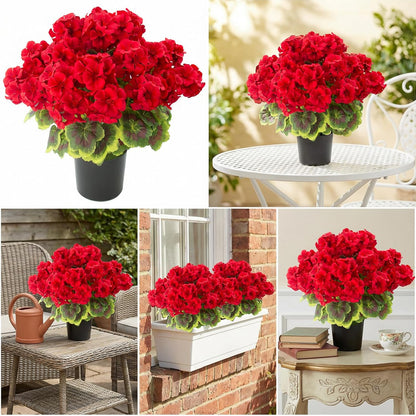 lovemoon 2 Pcs Geranium Potted Artificial Flowers, 19" Fake Geraniums Plants UV Resistant Silk Potted Plants for Outdoor Home Décor Office Porch Garden Decor (2, Red)