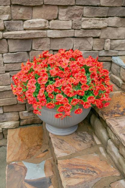 Artificial Flowers for Outdoors Fake Plants Spring Summer Decor, 12 Bundles Orange Silk Morning Glory with Eucalyptus Look Real UV Resistant Faux Flowers for Outside Planters Front Door Yard Indoor