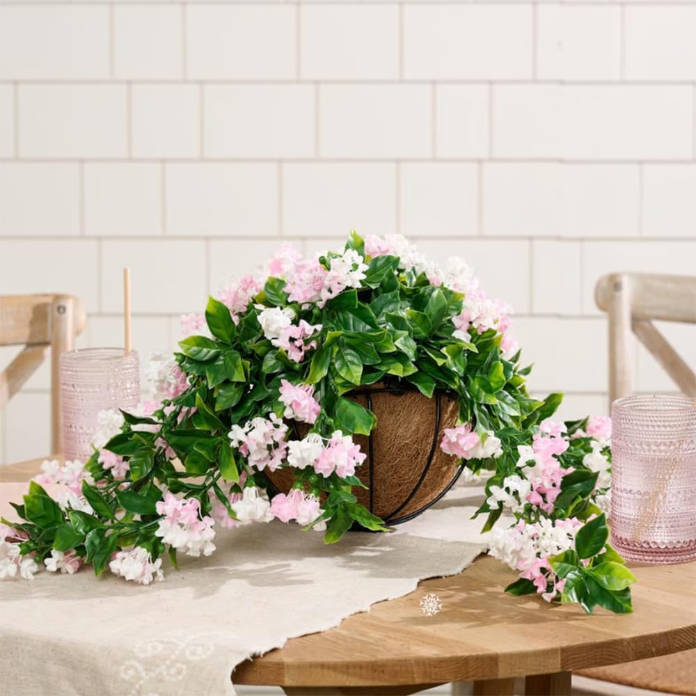 15" Faux Crepe Myrtle Hanging Baskets - Set of 2, Artificial Hanging Plants Flowers for Outdoors, No Maintenance Required, No Watering Needed. Brighten Your Porch Instantly! (Pink)