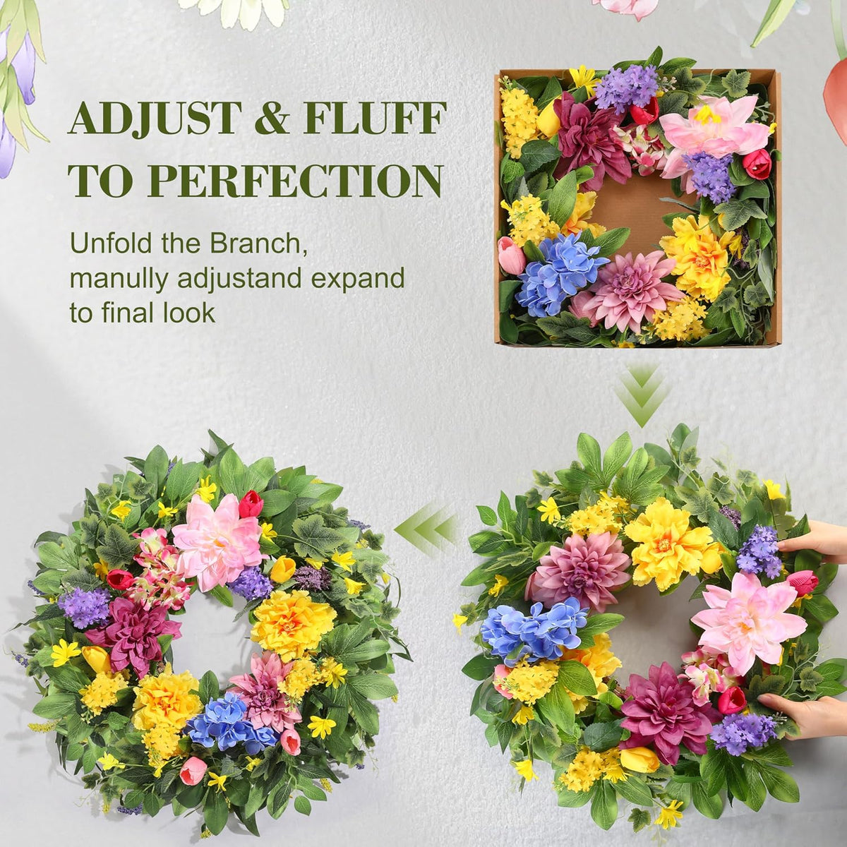 Spring Wreaths for Front Door, 24 Inch Greenery Front Door Wreath with Peonies Dahlias Hydrangeas, Artificial Home Decorations for Indoor Outdoor Window Wall, Outside Floral Wreath Decor for Home Porch