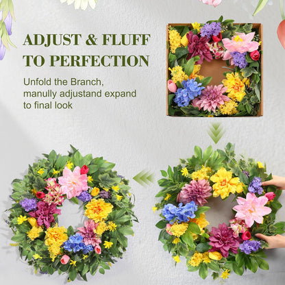 Spring Wreaths for Front Door, 24 Inch Greenery Front Door Wreath with Peonies Dahlias Hydrangeas, Artificial Home Decorations for Indoor Outdoor Window Wall, Outside Floral Wreath Decor for Home Porch
