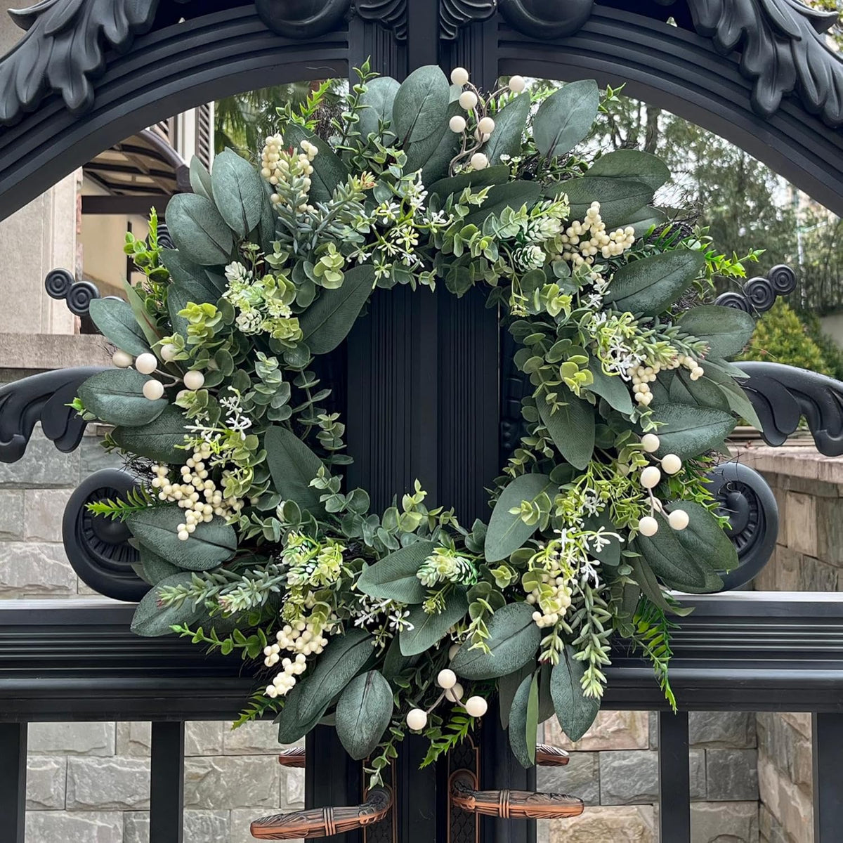24 Inch Greenery Wreaths for Front Door – Artificial Eucalyptus Wreath with White Berries and Mixed Green Leaves, Year-Round Farmhouse Indoor Outdoor Door Wreath for Spring Summer Home Decor