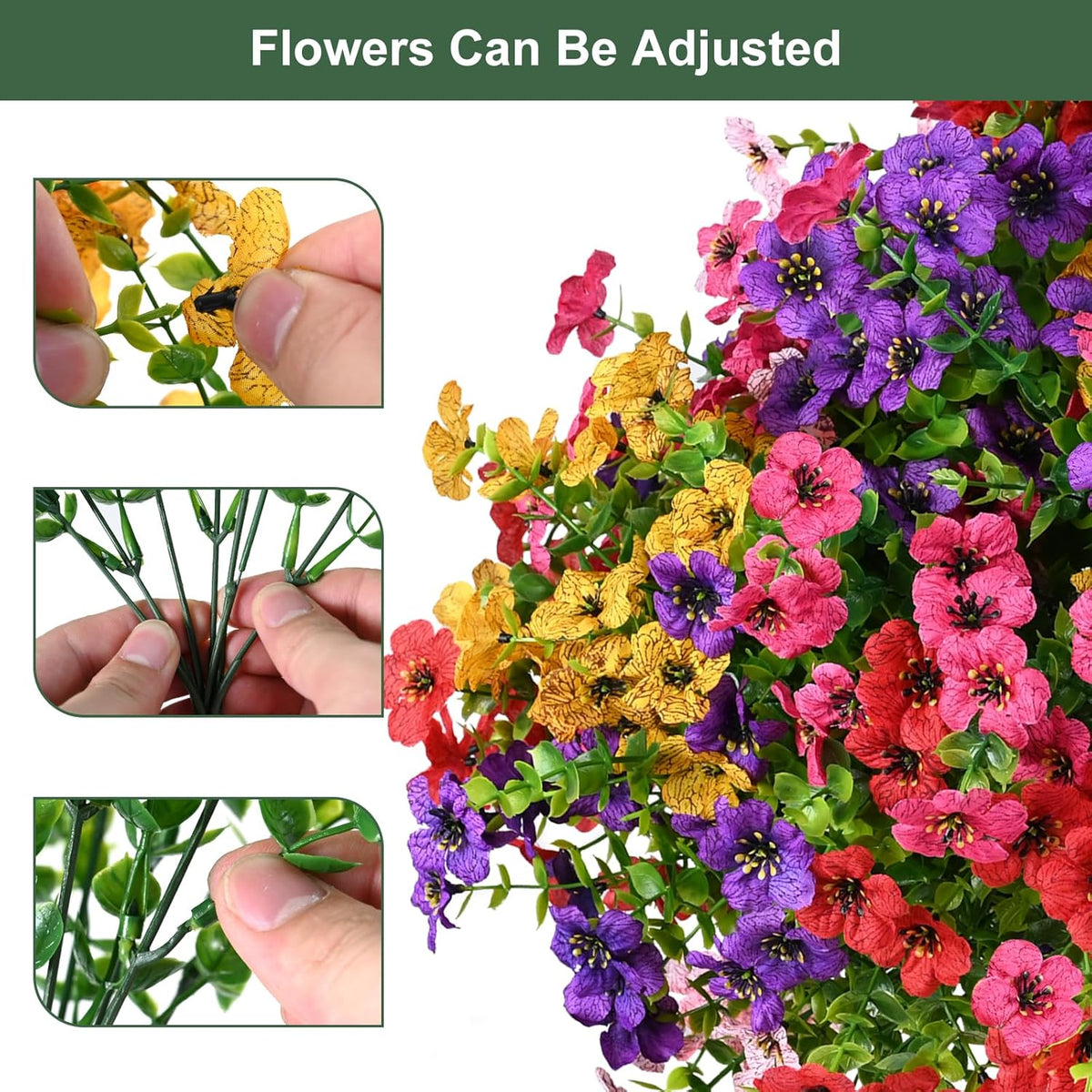 Artificial Flowers for Outdoor, UV Resistant Fake Silk Flowers, Realistic Faux Plants for Outside Indoor Porch Patio Window Box Planter Home Decor (20, Yellow Purple Rosy Pink Red)