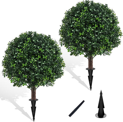 Artificial Boxwood Topiary Ball Bush for Outdoor with Spike, Set of 2 UV Resistant Faux Boxwood Ball Tree with Stake, Weatherproof Fake Round Topiary Shrub Plant for Front Porch Planter