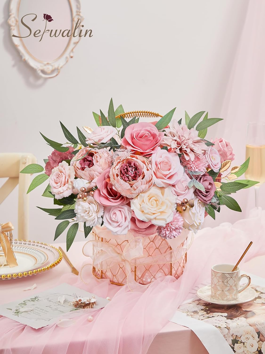Serwalin Pink Artificial Flowers Peonies, Fake Silk Flowers Wedding Bouquet Bridal Centerpieces Flowers for Decoration, Cake Flower Home Decor