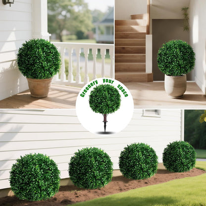 Artificial Boxwood Topiary Ball Tree Set of 2, UV Resistant Artificial Outdoor Shrubs with Spike, Decorative Evergreen Fake Topiary Bushes Plant for Front Porch Garden