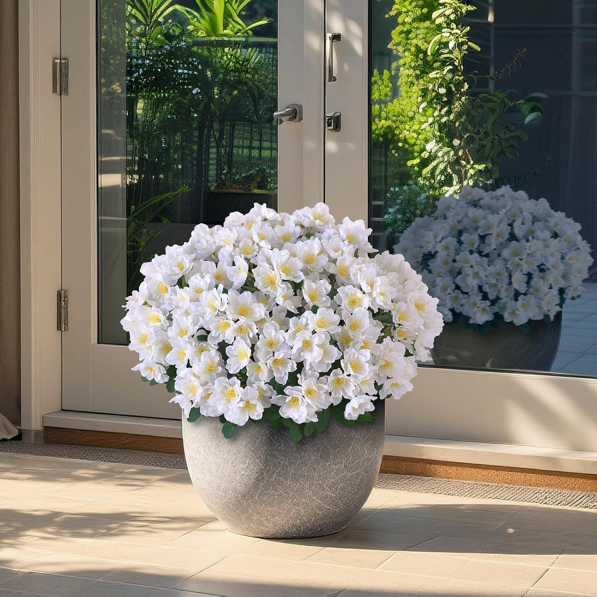 2 Sets of Artificial Camellia Topiary Ball Trees - Fake Flower Potted Plants, UV Resistant Faux Camellia Potted Bushes for Front Door, Farmhouse, Porch, Garden, Outdoor Decoration (White)
