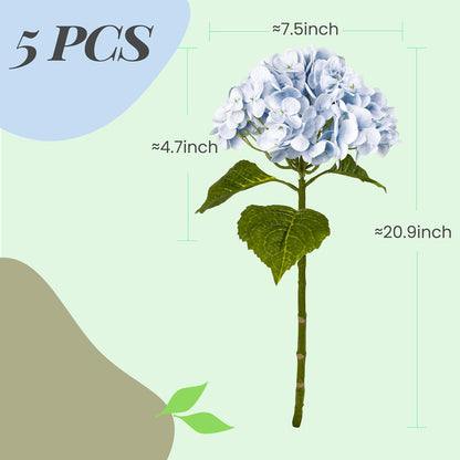 Yatim 21In Blue Artificial Hydrangea Flowers 5 Pcs Real Touch 3D Print Latex Flowers for Wedding Centerpieces Bouquets DIY Floral Decor Home Decoration with Stems