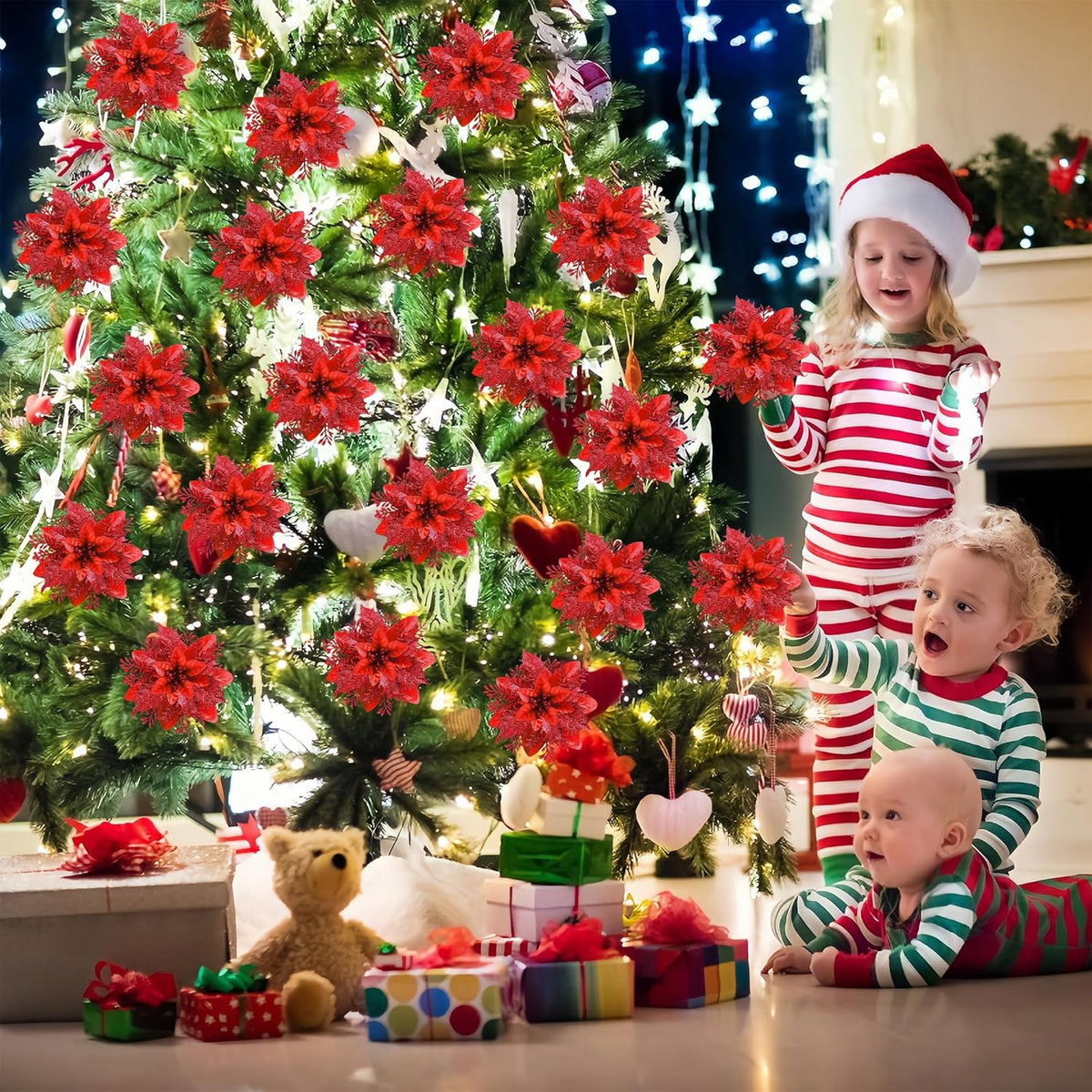 Deluxe Red Poinsettias Glitter Artificial Holiday Decor Assortment