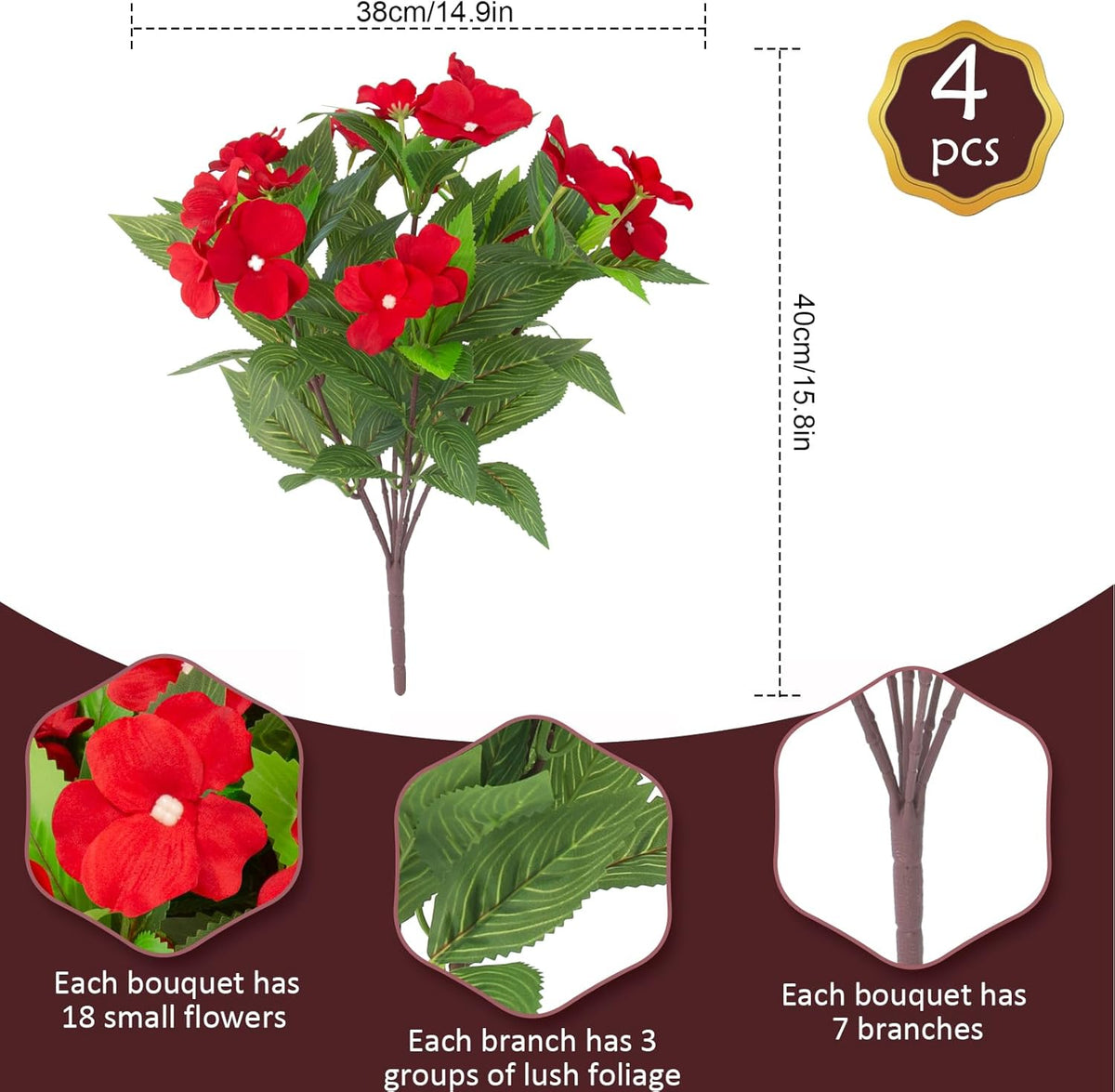 Daynight 4 Pcs Artificial Impatiens Flowers for Outdoor Flowers UV Resistant Faux Red Flowers Impatiens Bushes Silk Artificial Flowers Bouquet for Patio Garden Porch Decor (4, Red)