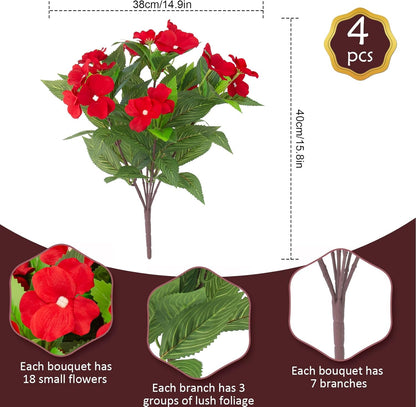 Daynight 4 Pcs Artificial Impatiens Flowers for Outdoor Flowers UV Resistant Faux Red Flowers Impatiens Bushes Silk Artificial Flowers Bouquet for Patio Garden Porch Decor (4, Red)