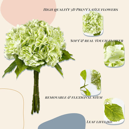 21In Light Green Artificial Hydrangea Flowers 5 Pcs Real Touch 3D Print Latex Flowers for Wedding Centerpieces Bouquets DIY Floral Decor Home Decoration with Stems