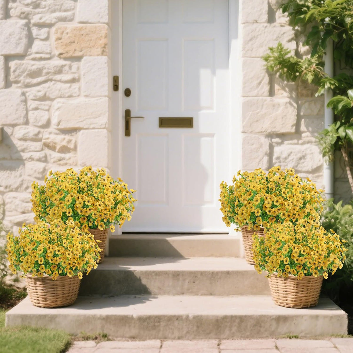 Artificial Faux Flowers Plants for Outdoors Outside Spring Summer Decoration, 12 Bundles Realistic Fake Flowers Plant Greenery Silk Daisy UV Resistant Planters Balcony Porch Patio Garden Home（Yellow）