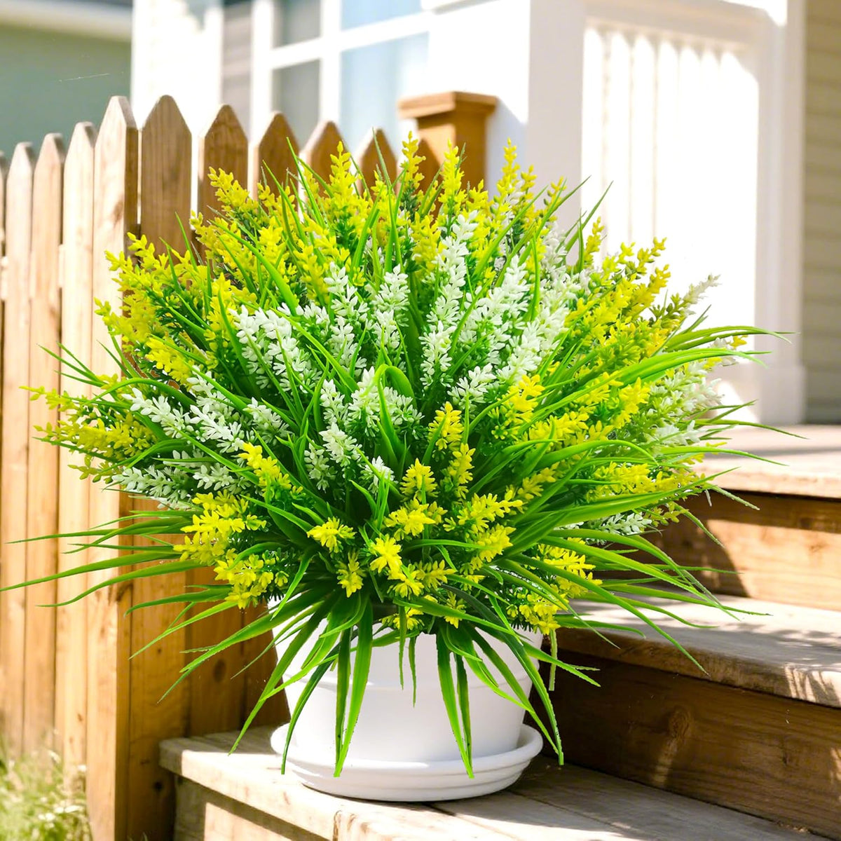 Artificial Plants Outdoor, 20 Pcs Fake Flowers UV Resistant Outdoor Fake Plants, Lavender Artificial Flowers Plastic Fake Faux Flowers Shrubs for Home Porch Garden Yard Window Box (Yellow White)