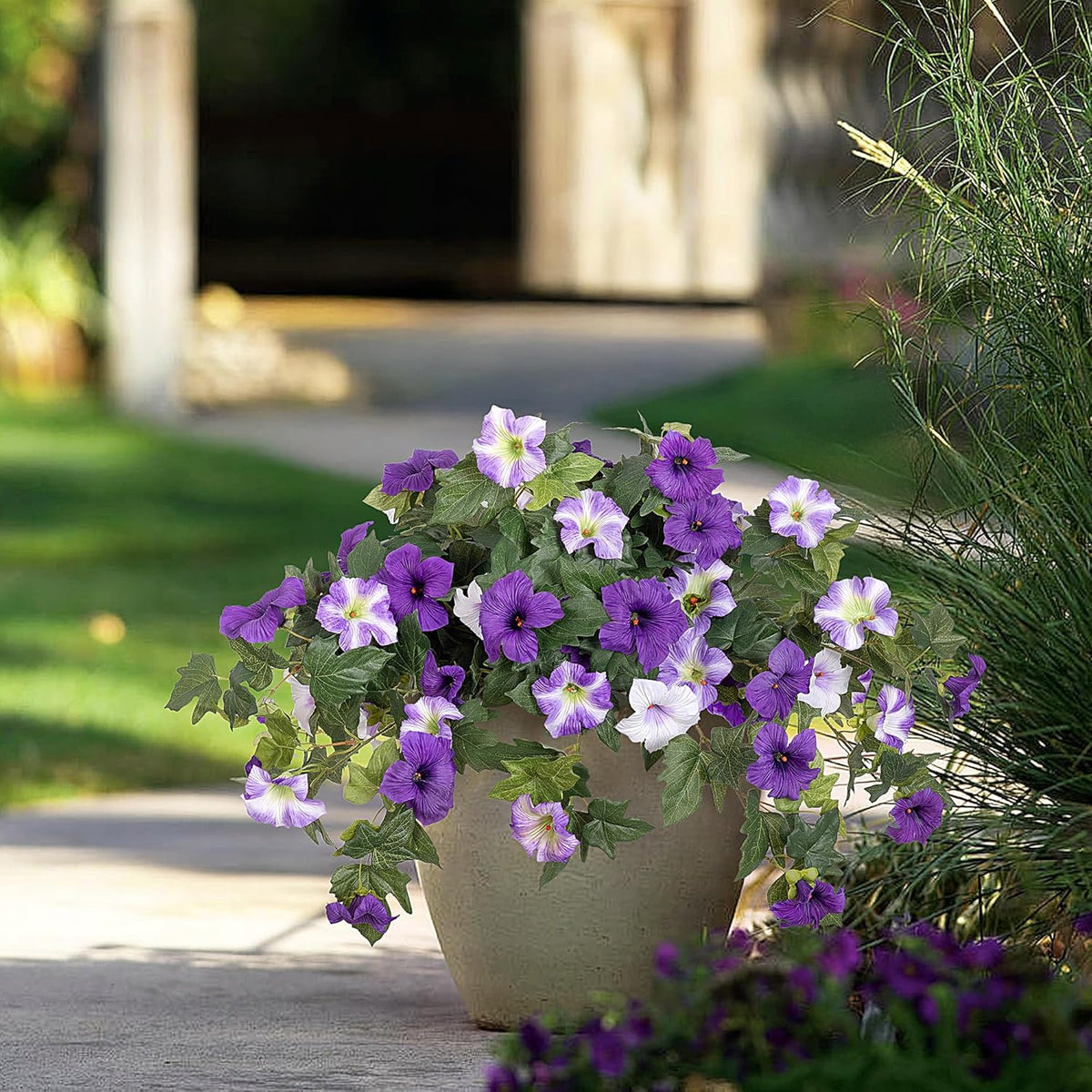 Artificial Fake Flowers Plants for Outdoor Decoration, 2PCS Faux Petunias Silk Flower UV Resistant No Fade for Home Outside Garden Balcony Yard Porch Realistic Indoor Decor (Purple White)