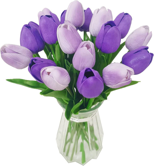 20 Pcs Purple Faux Tulip Flowers Real Touch Spring Tulip Artificial Flowers Bouquet Floral Arrangement for Wedding Home Garden Room Decor (2 Colors)