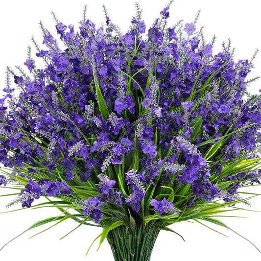 20 Bundles Artificial Lavender Flowers for Outdoors Fake Silk Flowers Faux Plants UV Resistant for Indoor and Outdoor Spring Porch Garden Window Table Box Office Home Decorations, Deep Purple