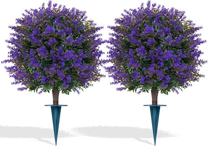 Artificial Lavender Topiary Ball for Outdoors, Set of 2 Boxwood Plant Tree with Spike, Fake Shrubs UV Resistant Faux Plants for Indoor Outdoor Decor
