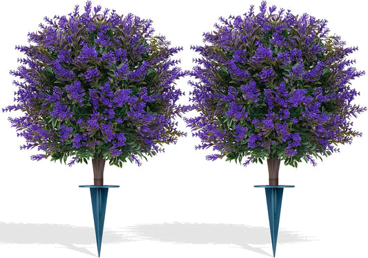 Artificial Lavender Topiary Ball for Outdoors, Set of 2 Boxwood Plant Tree with Spike, Fake Shrubs UV Resistant Faux Plants for Indoor Outdoor Decor