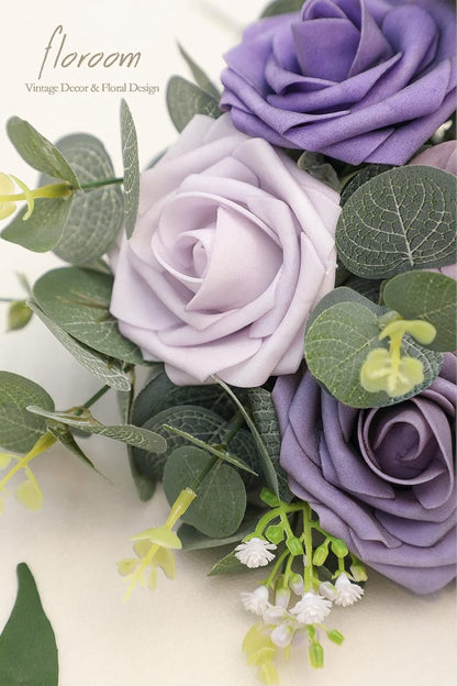 Floroom Artificial Flowers 25 Pcs Real Looking Lavender Purple Ombre Colors Foam Fake Roses with Stems for DIY Wedding Bouquets Bridal Shower Floral Centerpieces Party Tables Home Decorations