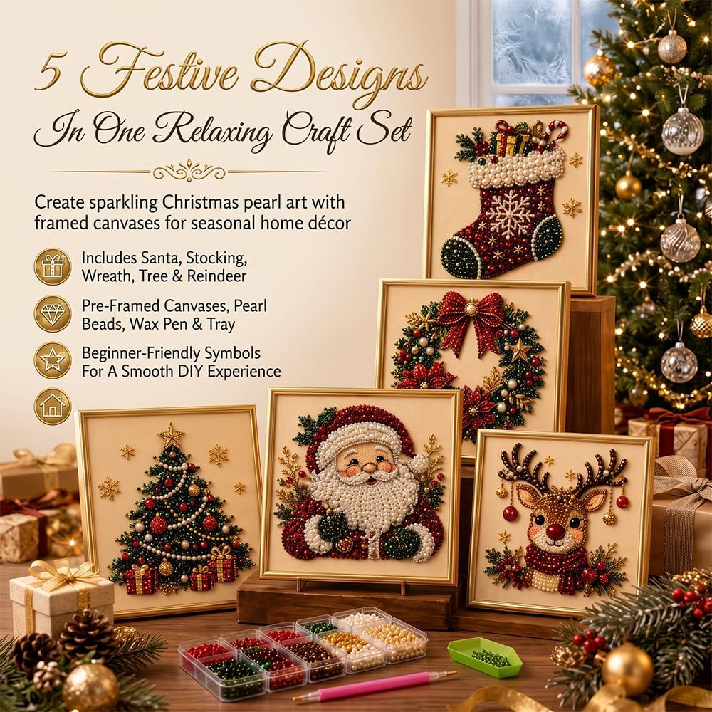 DIY Christmas Pearl Diamond Painting Art Kit with Frame, Festive Handmade Home Wall Decor