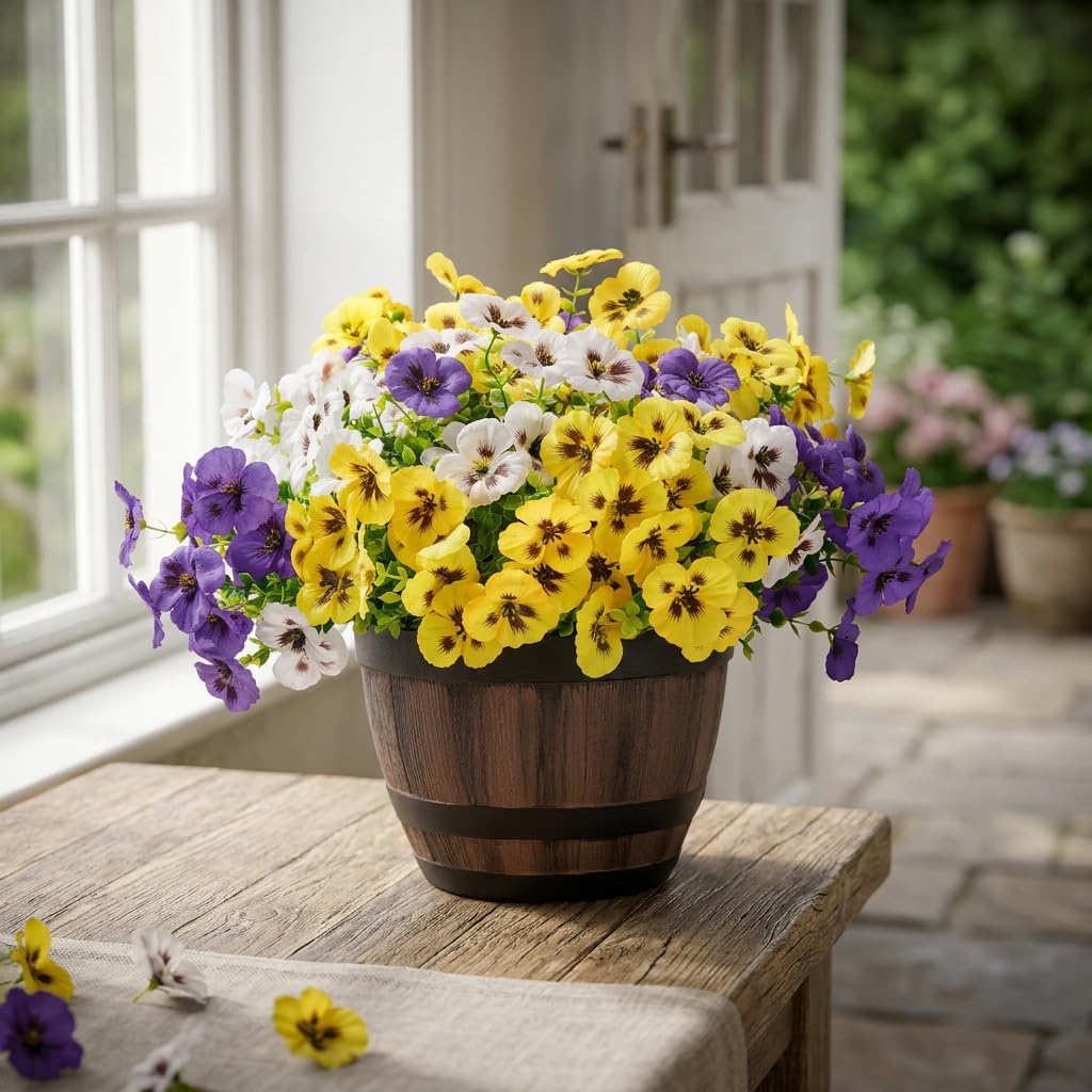 Artificial Pansies Flowers for Outdoors, 12 Pcs Faux Silk Pansy Flower UV Resistant Fake Plants for Outside Planter Porch Yard Patio Home Decor, Yellow White Purple, 12