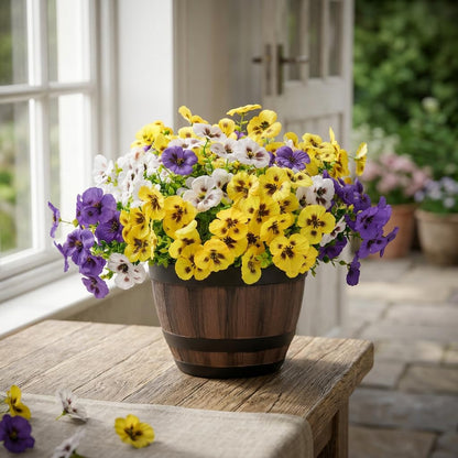 Artificial Pansies Flowers for Outdoors, 12 Pcs Faux Silk Pansy Flower UV Resistant Fake Plants for Outside Planter Porch Yard Patio Home Decor, Yellow White Purple, 12