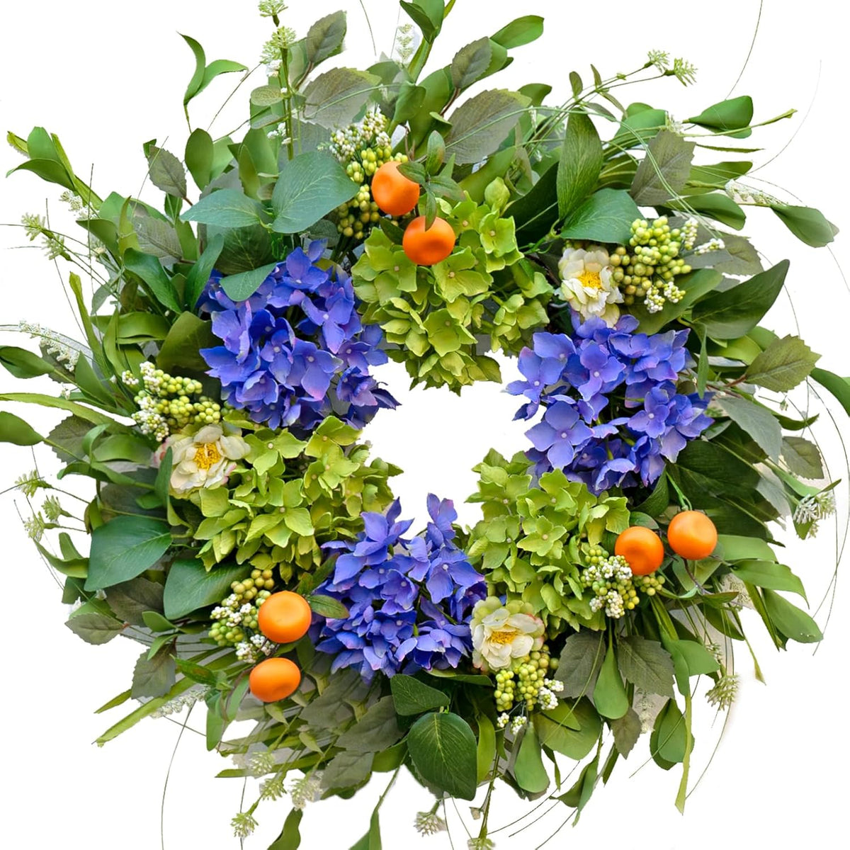 Spring Wreaths for Front Door 24 Inch, Summer Wreath Outdoor，Silk Hydrangea Wreath with White Blossoms & Mini Mandarins, Rustic Farmhouse Indoor & Outdoor Seasonal Wreath, Spring&Summer Home Decor