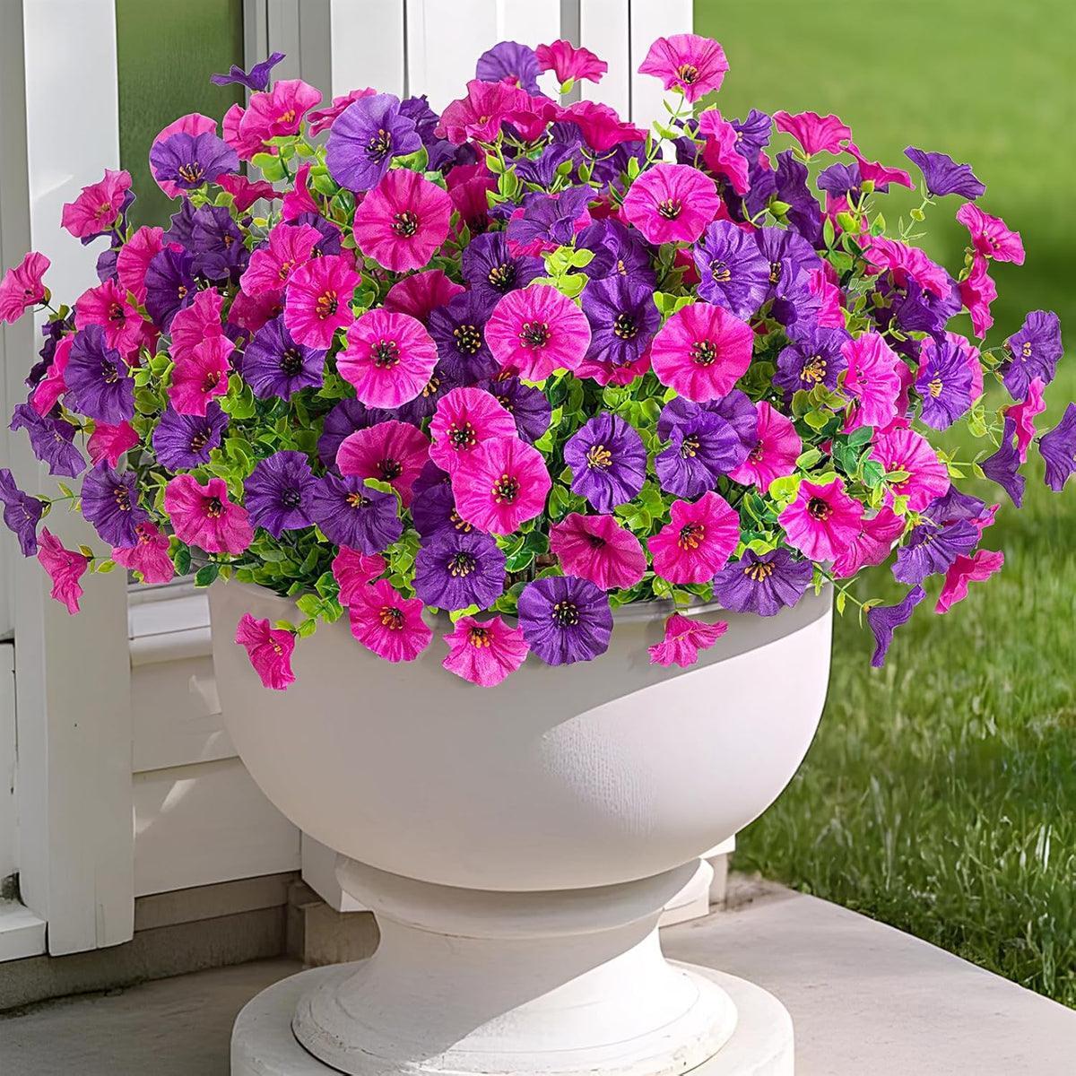 Artificial Flowers for Outdoors, 12 Bundles Fake Plastic Flower Plant, UV Resistant Faux Colorful Silk Morning Glory Petunias for Spring Summer Outside Garden Porch Front Door Decor, Purple