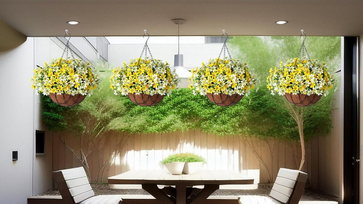 Artificial Silk Flowers Hanging Baskets Outdoors, Chrysanthemum with Eucalyptus Leaves Arrangement for Garden Yard Decor, Faux Plant in Metal Coconut Lining Flowerpot (Yellow)