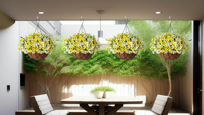 Artificial Silk Flowers Hanging Baskets Outdoors, Chrysanthemum with Eucalyptus Leaves Arrangement for Garden Yard Decor, Faux Plant in Metal Coconut Lining Flowerpot (Yellow)