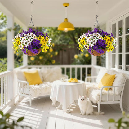 lovemoon 2 Sets Artificial Hanging Pansy Flowers with Baskets, 24 Pcs UV Resistant Faux Silk Pansy Outdoor Hanging Flower for Porch Patio Garden Home Spring Decor (2, White, Yellow, Purple)