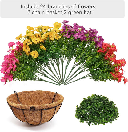 2 Set Artificial Hanging Flowers with Basket for Outdoor Spring Summer Decor - 24 Pcs Realistic UV-Resistant Silk Daisy Hanging Plants for Garden Porch Patio Balcony Decoration