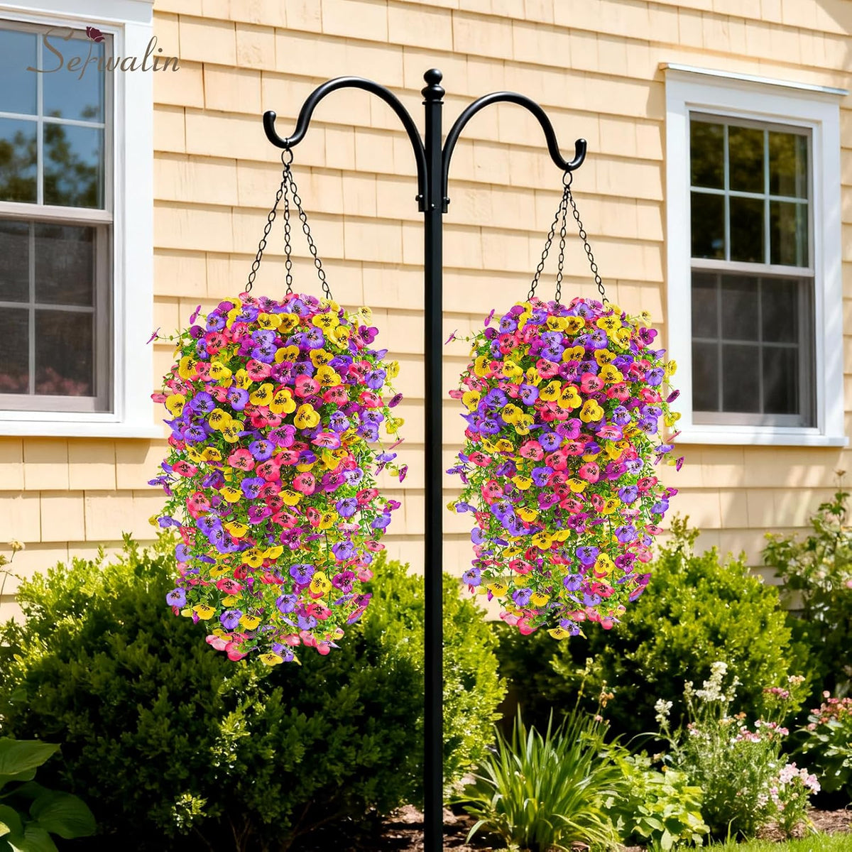 Serwalin Artificial Fake Hanging Flowers for Outdoors Planters, 6 Pcs UV Resistant Faux Pansy Spring Flowers for Outside Porch Patio Garden Window Box (Mixed Colors)