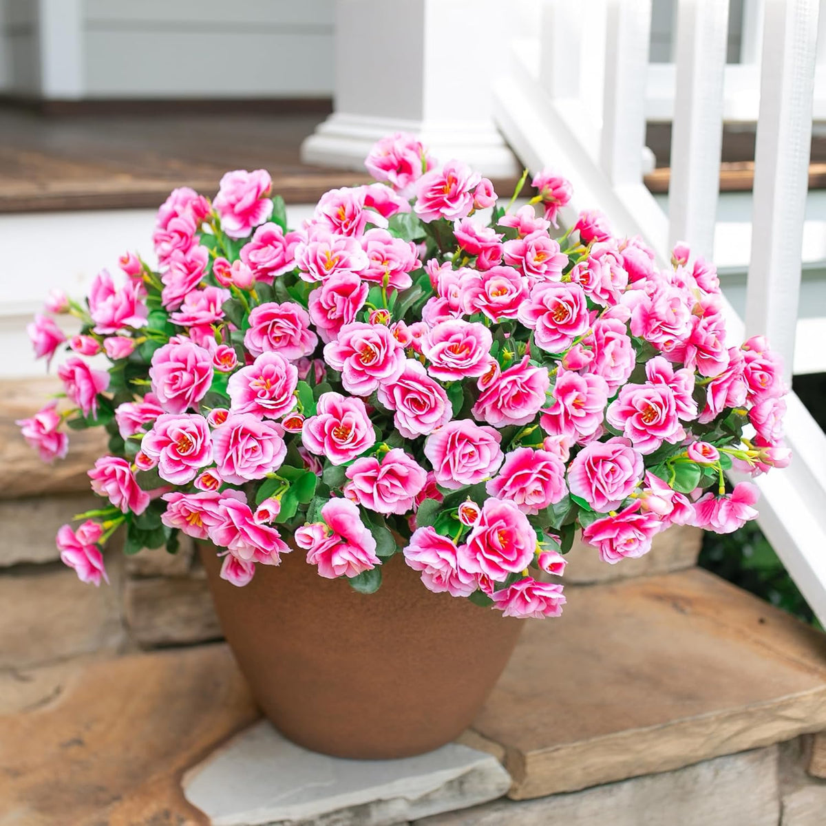 Artificial Fake Outdoor Outside Flowers Plants For Spring Decor, Faux Silk Pink Camellia UV Resistant Realistic for Front Door Porch Patio Planter Balcony Garden Yard Home Decor, 3 Large Bundles