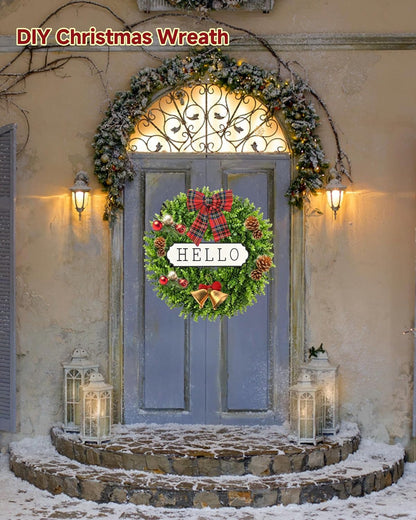 DDHS 20" Boxwood Wreaths Front Door Artificial Spring Wreath. Wreaths for Front Door Farmhouse Wedding Green Year Round Indoor Outdoor for Summer Wreath St Patricks Day Decorations -(Hello Sign)