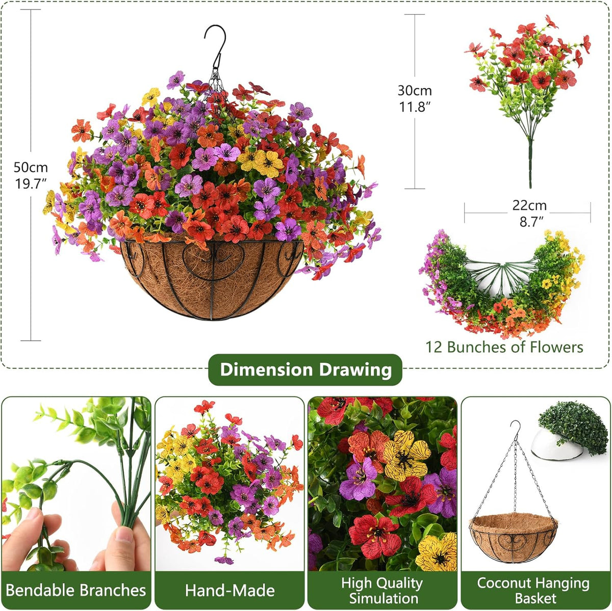 Artificial Faux Hanging Flowers Plants with Basket for Outdoor Spring Decoration, Fake Silk Daisy Outside Indoor UV Resistant Look Real Yard Patio Front Porch Garden Balcony Home Decor(Mix2)