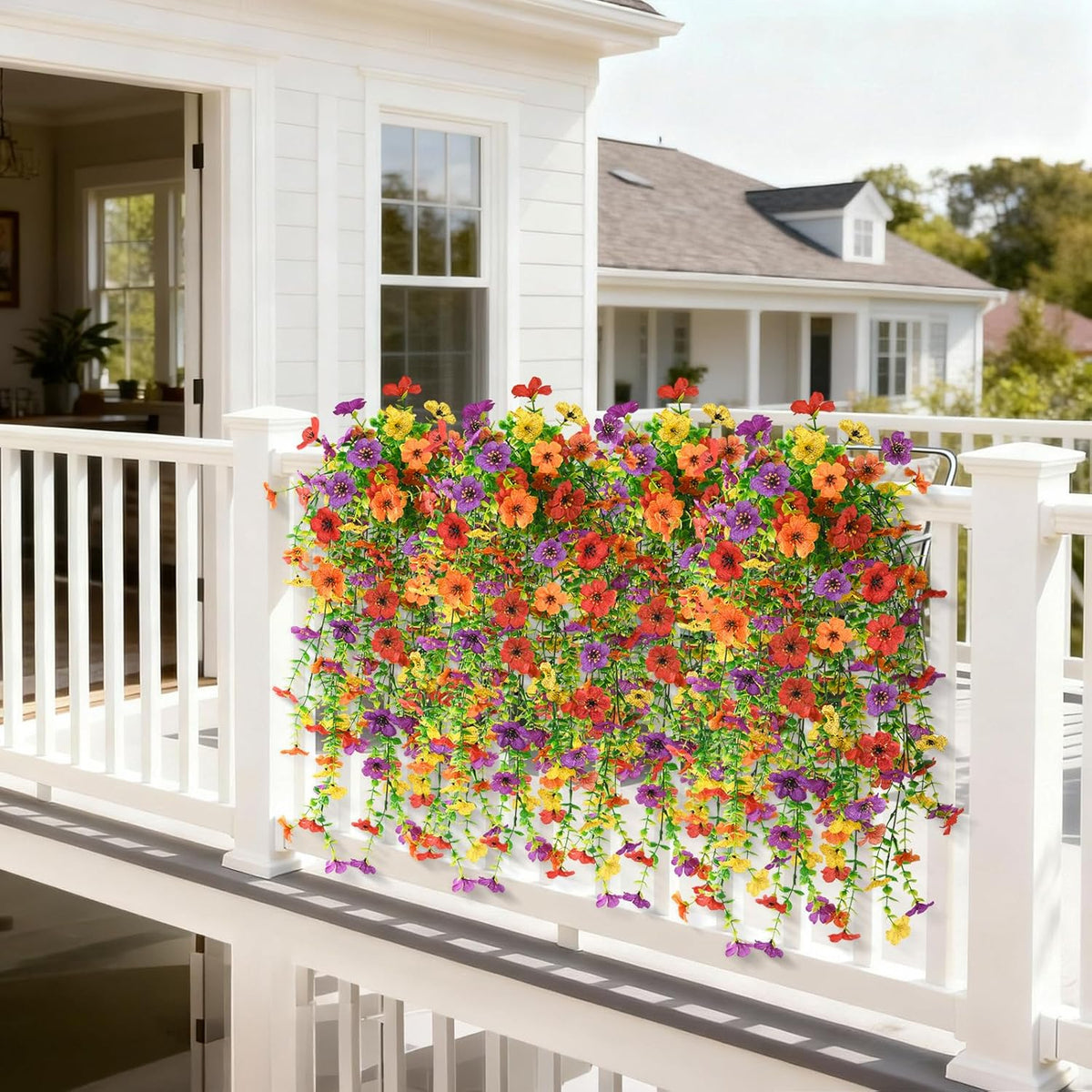 Homsunny Artificial Hanging Flowers for Outdoor, 8PCS Fake Flowers Faux Silk Daisy with Eucalyptus Leaves, UV Resistant Aritificial Outdoor Flowers for Spring Home Patio Balcony Yard Porch Decor