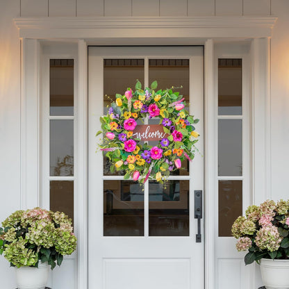 Spring Wreaths for Front Door Outside – 24 Inch Artificial Tulip & Wildflower Summer Wreath with Green Eucalyptus Leaves and Welcome Sign- Indoor Outdoor Farmhouse Home Porch Wall Decor